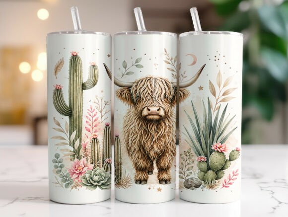 Boho Highland Cow Cactus Tumbler Wraps Graphics Review