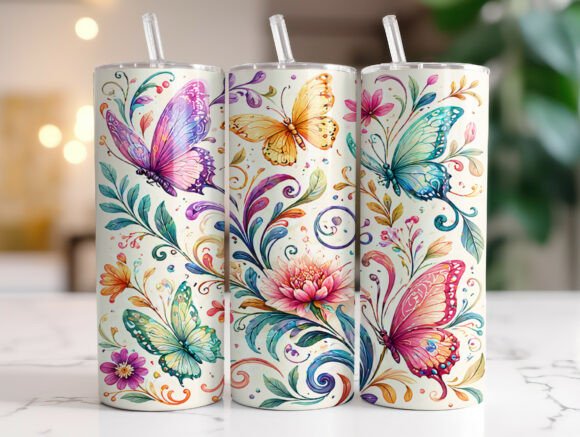 Colorful Butterfly Floral 20oz Tumbler Wraps Graphics