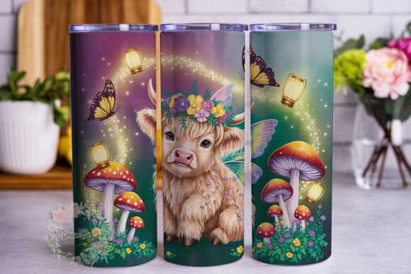 Fairy Highland Cow Mushroom Tumbler Wraps Graphics