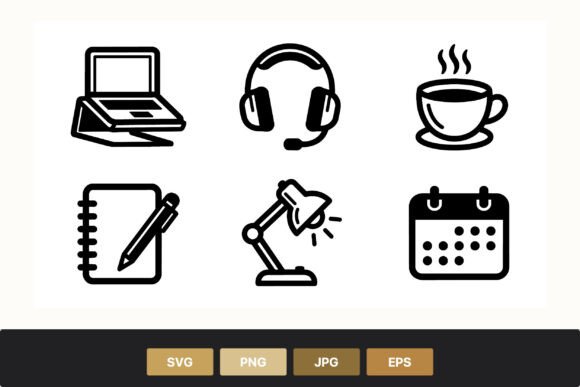 Laptop Headset Coffee Cup Notebook Lamp Graphics & Illustrations