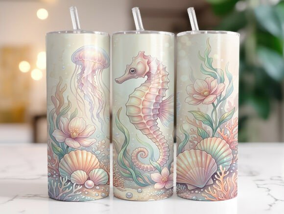 Pastel Seahorse Coastal Tumbler Wrap: Graphics & Tumbler Wraps