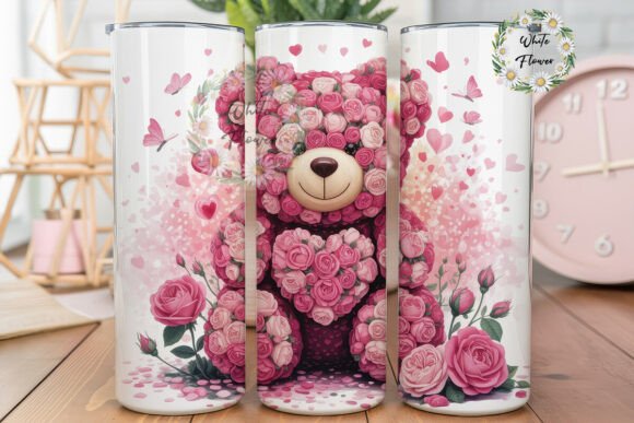Pink Rose Bear Floral Tumbler Wrap Graphics & Design