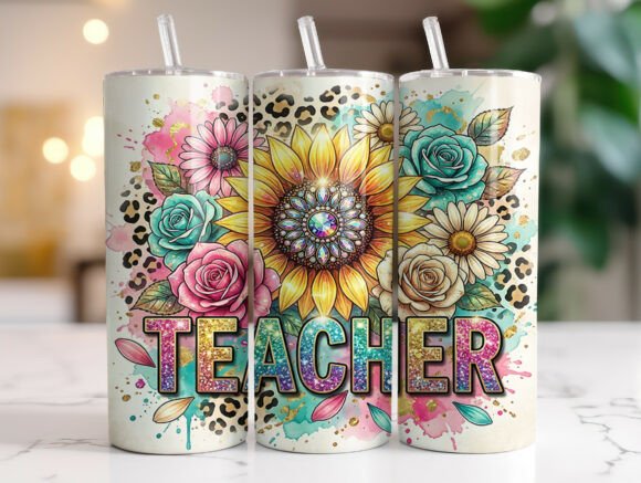 Sunflower Teacher Leopard Floral Tumbler Graphics & Wraps